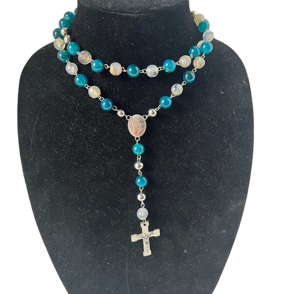 Blue Chalcedony Stone Miraculous Medal Rosary 3D Crucifix Catholic Silver Bead